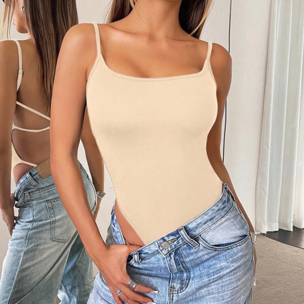 SHEIN Cream Strappy Thong Bodysuit